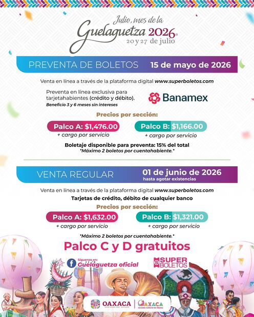 Costo de los boletos para la Guelaguetza 2026. Foto: FB@Guelaguetza Oficial