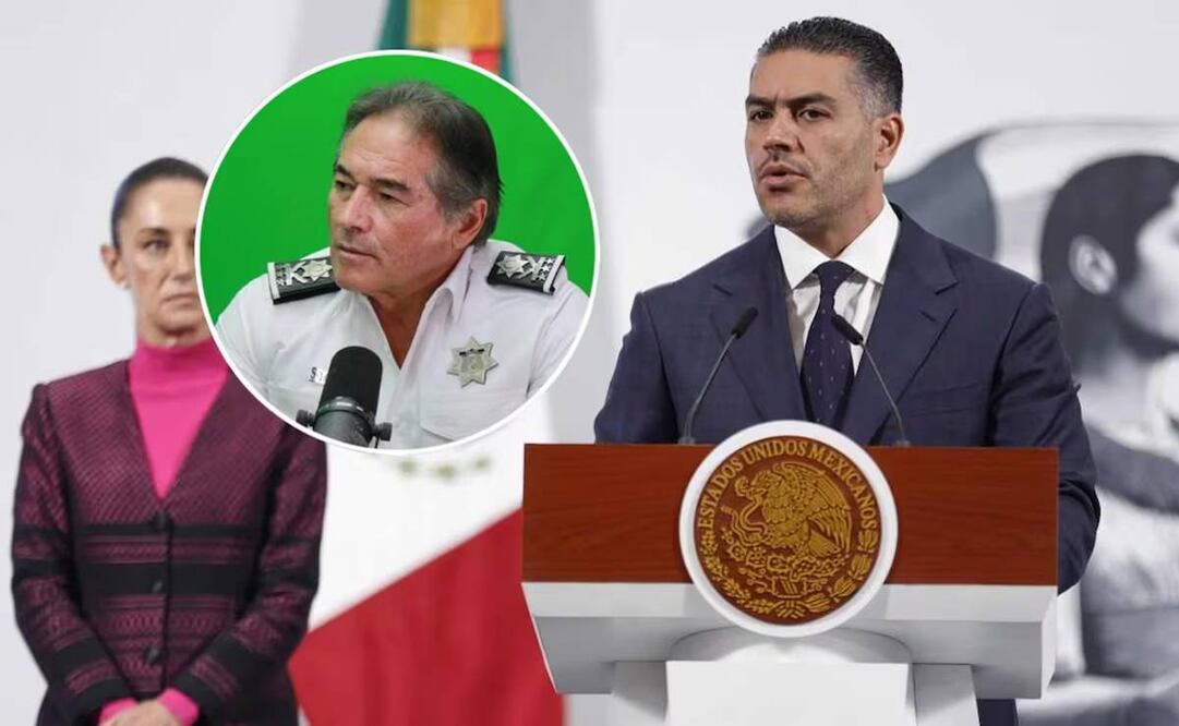 Omar García Harfuch, titulas de la SSPC, durante la mañanera de la presidenta Claudia Sheinbaum, este 22 de julio del 2025 y Hernán Bermúdez Requena, exsecretario de Seguridad de Tabasco. Fotos: Diego Simón y archivo EL UNIVERSAL