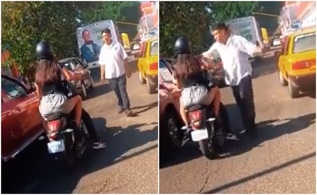 Cita Semovi a conductor de taxi que abofeteó a motociclista en la ciudad de Oaxaca. Fotos: Capturas de video