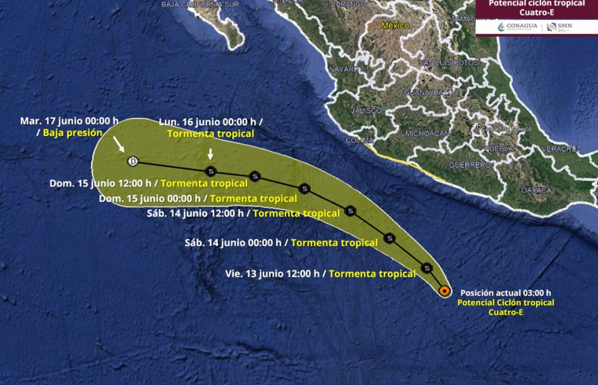 Se mantiene "alerta azul" en Oaxaca por potencial de ciclón tropical Cuatro-E; pero advierten que aumenta su velocidad de desplazamiento