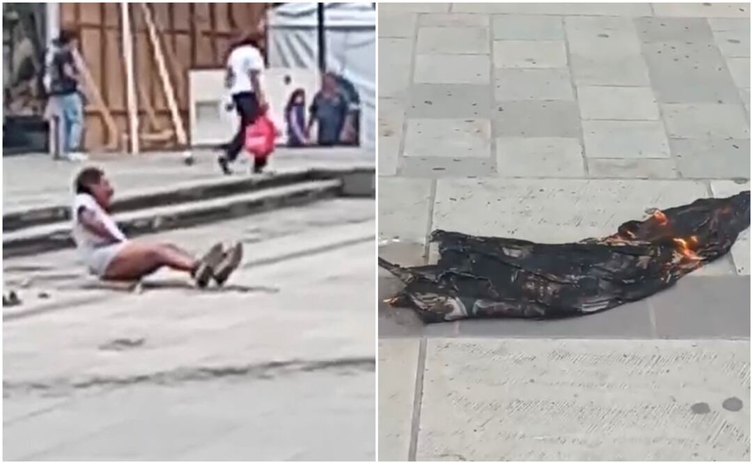 Hombre se prende fuego en la Alameda de Oaxaca frente a decenas de personas; nadie lo auxilia. Fotos: Capturas de video
