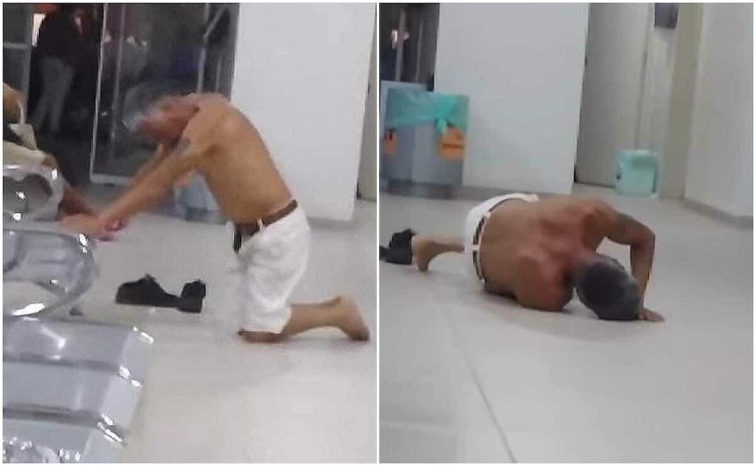 Hombre se tira al piso por dolor y suplica atención médica en hospital del IMSS de Huatulco, en Oaxaca. Fotos: Capturas de video