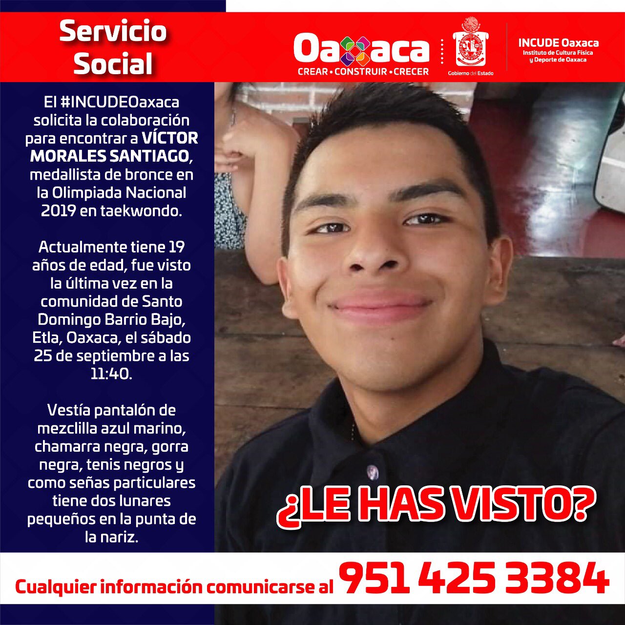 Incude Oaxaca pide ayuda para localizar a Víctor Morales, medallista de taekwondo