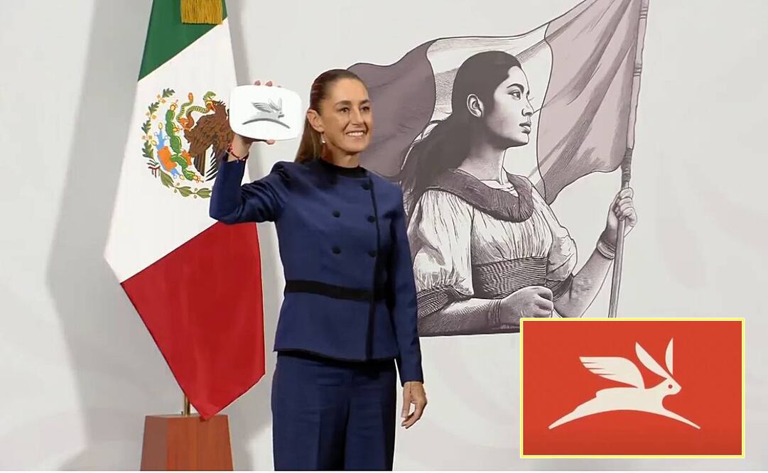 La presidenta Claudia Sheinbaum presentó el nuevo logotipo de la marca Olinia en al conferencia mañanera. Foto: Captura de video