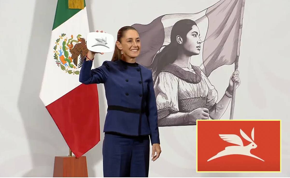La presidenta Claudia Sheinbaum presentó el nuevo logotipo de la marca Olinia en al conferencia mañanera. Foto: Captura de video