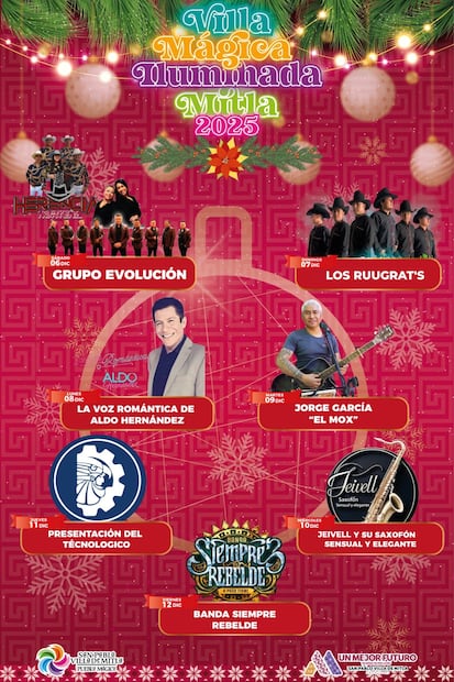 Cartelera musical de la Villa Mágica de Mitla. Foto: Villa Mágica Iluminada 2025-2026
