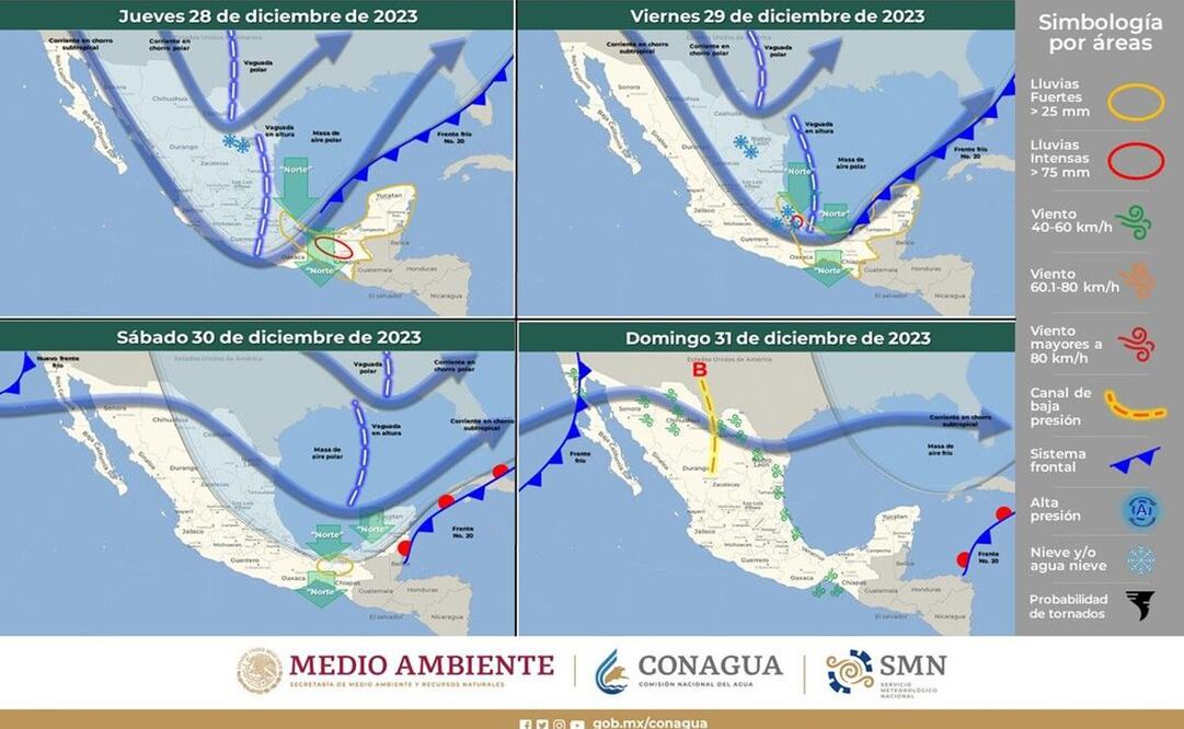 Emiten alerta por desplazamiento del frente frío número 19, en Oaxaca. Foto: Conagua