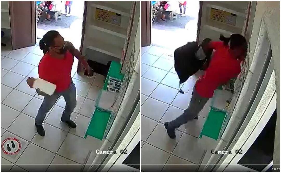 En el video se aprecia al sujeto en el momento que agrede a una empleada de taquilla la ciudad de Oaxaca. Fotos: Capturas de video