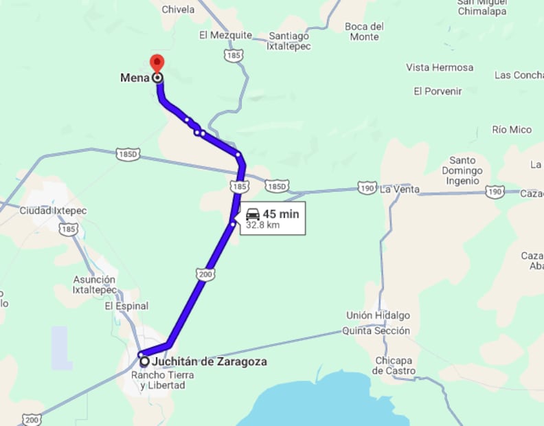 Ruta de llegada de Juchitán de Zaragoza a las aguas las aguas termales de Mena Nizanda en el Istmo de Oaxaca. Foto: captura de Google Maps.