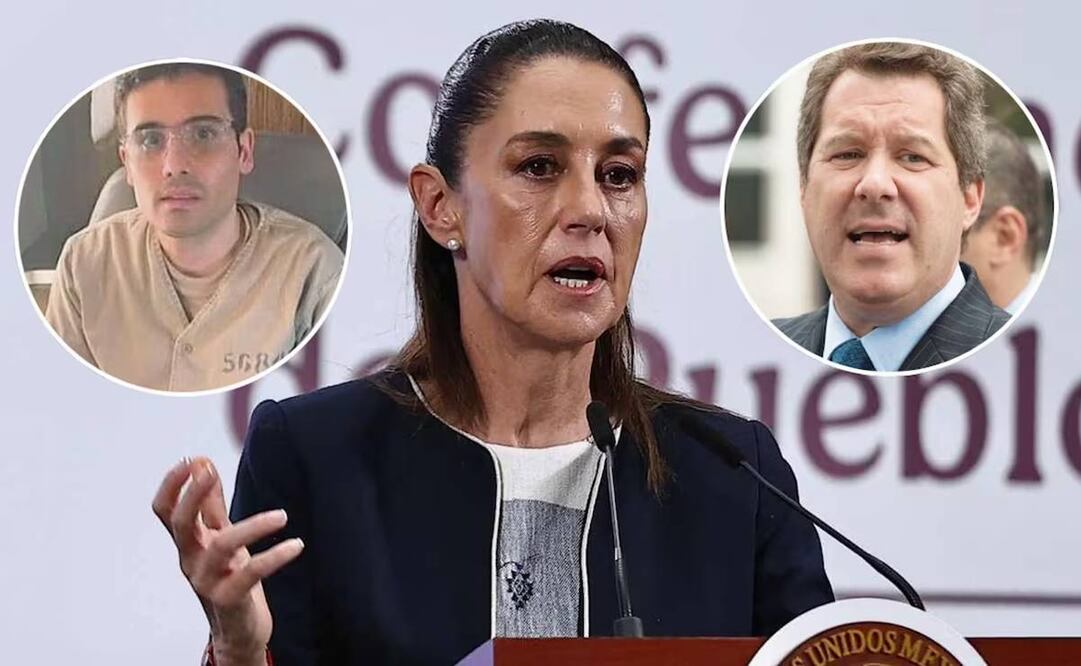 La presidenta Claudia Sheinbaum durante la mañanera de este 14 de julio del 2025. Ovidio Guzmán, hijo de "El Chapo" Guzmán y su abogado Jeffrey Lichtman. Fotos: Berenice Fregoso, archivo EL UNIVERSAL y Cuartoscuro.