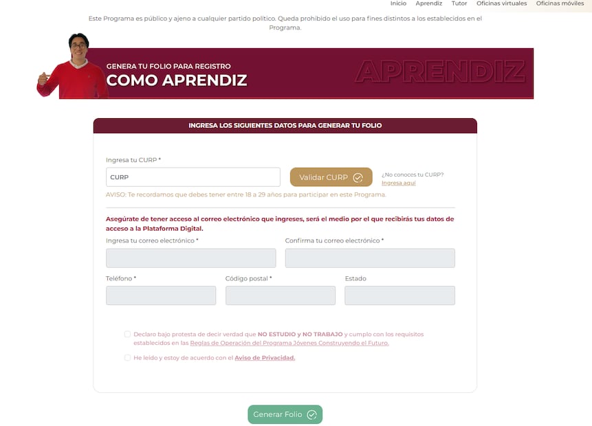 Registro en línea para ingresar al programa Jóvenes Construyendo el Futuro. Foto: captura de jovenesconstruyendoelfuturo.stps.gob.mx