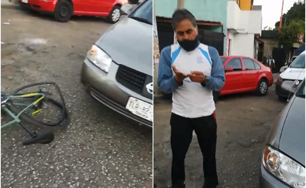 Automovilista embiste a ciclista y destroza su bicicleta en Oaxaca; “tú me provocaste”, acusa. Foto: Tomada de Video