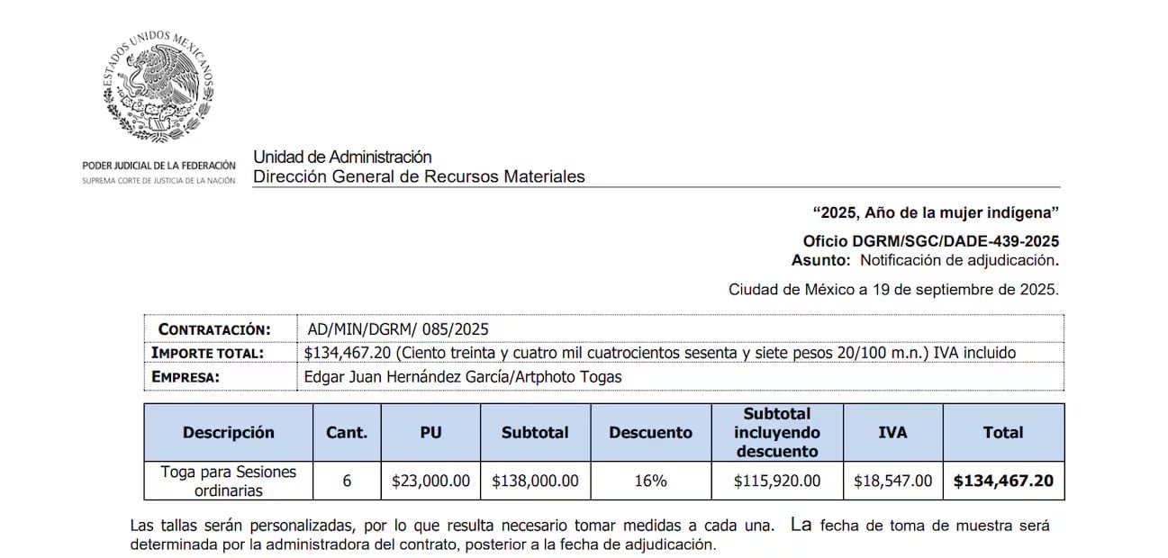 Desgloce de precio de las togas adquiridas por los ministros de la Corte. Foto: captura de pantalla