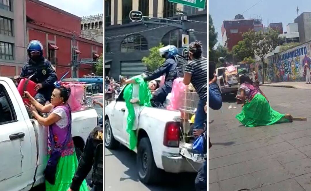 Marven persiguiendo a la policía capitalina por llevarse sillas de su negocio. Fotos: Capturas de video