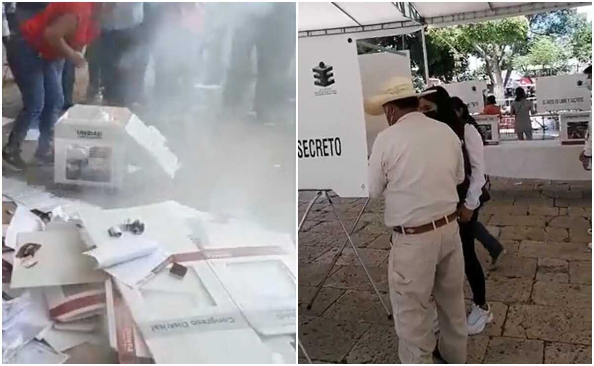 Destrucción de boletas y acusaciones de acarreo en elección de coordinadores de Morena en Oaxaca. Fotos: Capturas de videos