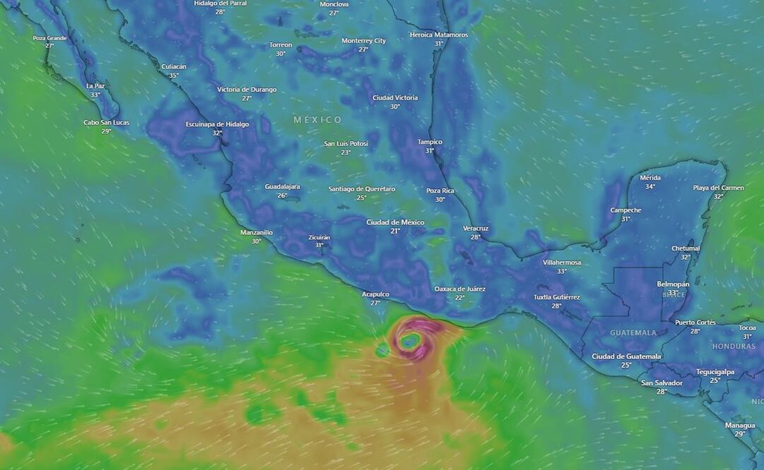 EN VIVO Sigue la trayectoria del HURACÁN JOHN a su paso por las costas de Oaxaca. Captura de Windy.