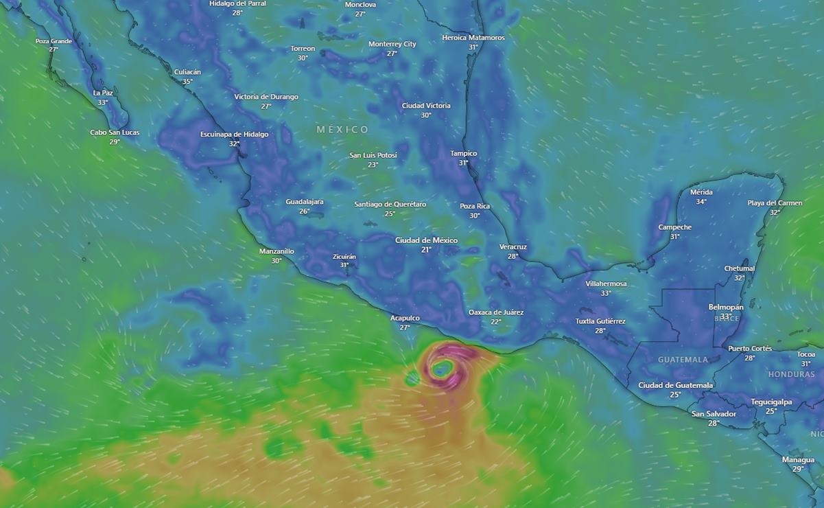 EN VIVO Sigue la trayectoria del HURACÁN JOHN a su paso por las costas de Oaxaca. Captura de Windy.