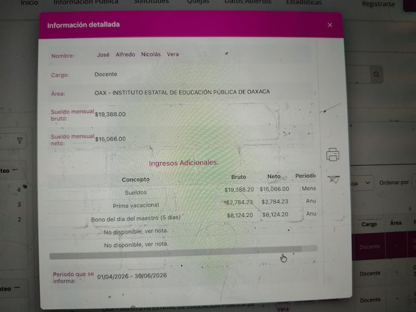 Foto: Captura de pantalla Plataforma Nacional de Transparencia