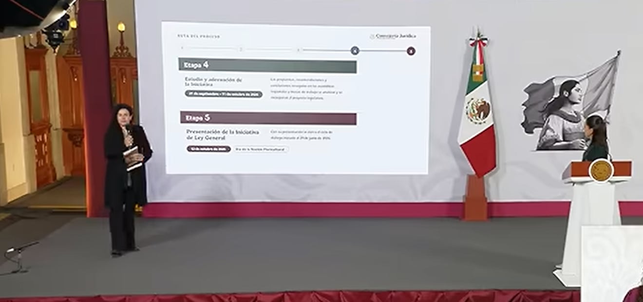 Luisa María Alcalde, Consejera Jurídica del Gobierno de México presentando en la Mañanera del pueblo del 29 de junio del 2026. Foto: captura de video.