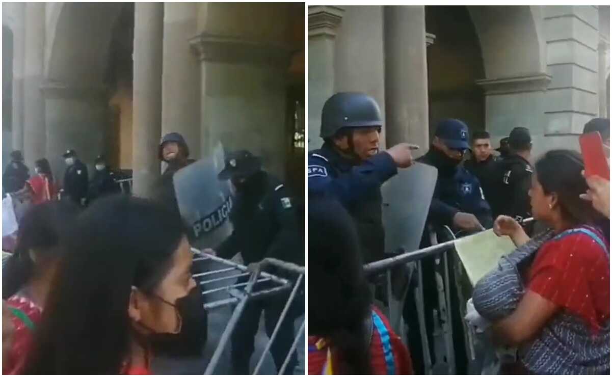 Mujeres desplazadas triquis protestan por desalojo del Palacio de Gobierno de Oaxaca; acusan represión. Fotos: Capturas de video