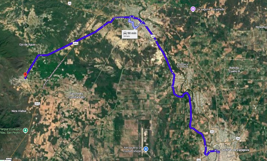 Ruta de llegada de Juchitán de Zaragoza a Magdalena Tlacotepec. Foto: Google Maps.