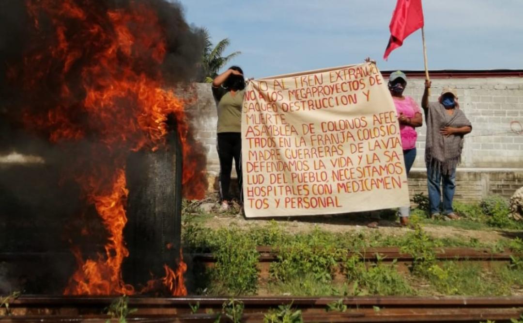 Protestan en tres puntos contra el Tren Transístmico; no hay paso a Chiapas