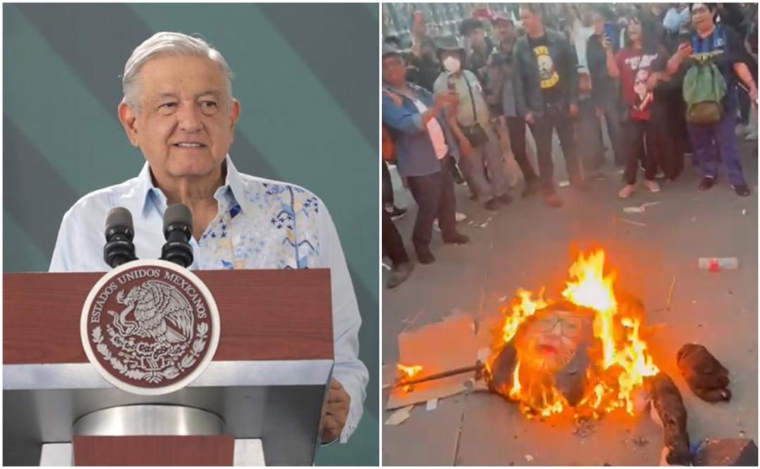 AMLO condena quema de figura de ministra Piña en el Zócalo… y dice que de él también han quemado