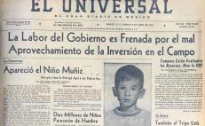 Portada del periódico EL UNIVERSAL de abril de 1974 donde se observa la fotografía del menor Francisco M. acompañando la nota de su secuestro aquel día por la mañana cuando se encontraba esperando el camión de la escuela. Hemeroteca de EL UNIVERSAL.