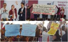 Entre protestas contra el gobierno de Jara, reciben en Oaxaca a la presidenta Claudia Sheinbaum